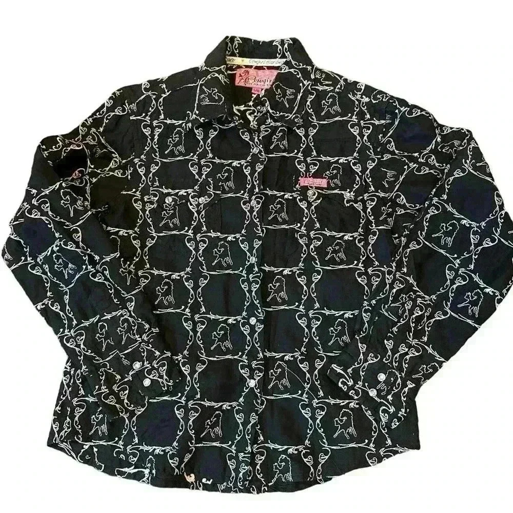 Girls Cowgirl Hardware Black Button Down Western Horse Shirt Size Large 10